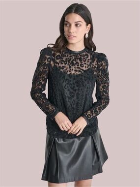 DKNY NWT Black Mesh Lace Leopard Devore Top Faux Leather Trim Cami 2pc Set Sz S